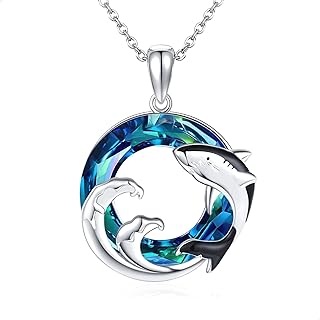 925 Sterling Silver Shark Pendant Necklace with Box Chain - Blue Crystal Shark Jewelry Gift for Ocean Lovers, Women, Girls, Sons & Daughters