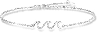 Lobster Claw Clasp Ocean Wave Anklet with Cable Chain, Cubic Zirconia, for Women, Ocean Design - Sterling Silver Elegant Adjustable Gift for Her