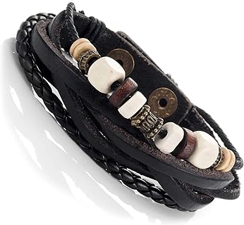 Urban Jewelry Vintage Earth Brown and Blond Beaded Bracelet - Black Genuine Leather Snap Resizable Cuff Bracelet (8.5" New Size)