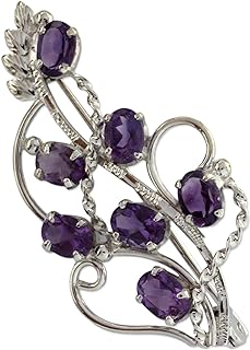 NOVICA Artisan Handmade Amethyst Floral Brooch Pin 7 Carats .925 Sterling Silver Indian Rhodium Plated Purple Birthstone 'Lilac Story'