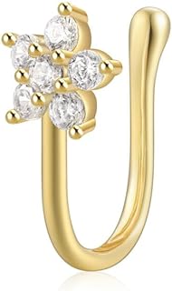 925 Sterling Silver Clip-On Cubic Zirconia Nose Ring in 14K Gold Plate for Women - Hypoallergenic, Comfortable, Non-Piercing Body Jewelry in Various Sparkling Designs