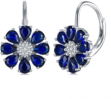 Sterling Silver Blue Sapphire Floral Earrings with Pear-Cut Design and Secure Leverback for Women