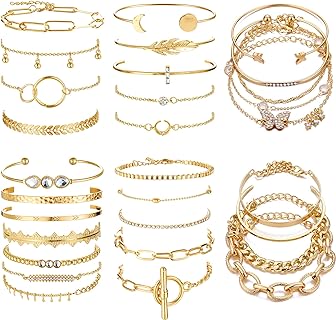 Magitaco 30 PCS (6 PACK) Boho Gold Chain Bracelets Set for Women Multiple Layered Stackable Open Cuff Wrap Bangle Adjustable Fashion Paperclip Link Italian Cuban Jewelry for Women Gift