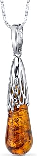 PEORA Genuine Baltic Amber Intricate Drop Pendant Necklace and Earrings for Women in Sterling Silver, Rich Cognac Color