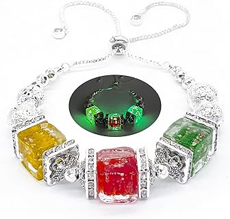 ARTSY Crafts Glow-In-The-Dark Murano Glass Bead Bracelet with Adjustable Slide Link Chain Design, Handmade for Women and Girls