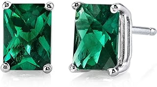 Peora Solid 14K White Gold Created Emerald Earrings for Women, Hypoallergenic Solitaire Studs, 7x5mm Radiant Cut, 1.75 Carats total, Friction Back