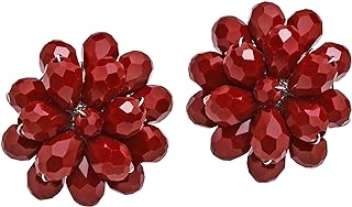 Vintage Crystal Cluster Clip-On Earrings with Paddle Back Finding by AeraVida, Stainless Steel Cuff-style, for Women's Retro Chic Fashion, Stylized Chrysanthemum Flower Design with Dark Red Crystals