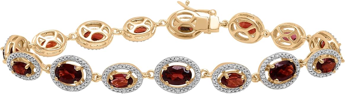 Garnet & 1/10 CTTW Diamond 7.25" Bracelet Set in 14K Yellow Gold over Sterling Silver, Dainty Jewelry for Women, Girls’ Fashion Bracelets, Diamond Luxury Bangle, Birthstone for January