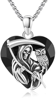 Sterling Silver Crystal Skull Necklace with Grim Reaper Pendant for Men, Unique Owl Skull Design, Ideal Gift for Father's Day, Halloween, Christmas
