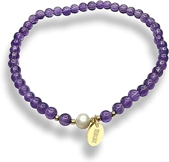 Magnetic Clasp Morchic 4mm Amethyst & Freshwater Pearl Bead Bracelet in Stainless Steel and Brass - Elegant Strand Design for Women - Perfect Birthday Gift, Energy Gem Series