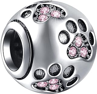 EMOSTAR Dog Paw Print Charms with Various Birthstone Crystals, 925 Sterling Silver Pawprint Beads for 3mm Snake Chain, Pet Lover Gifts for European Women Bracelet