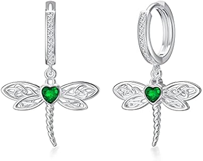 Hinged Hoop Dragon Earrings with Cubic Zirconia Gem in Sterling Silver for Women, Dragonfly Dangle Design