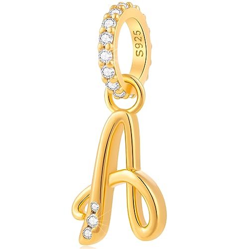 Complete Initial A-Z 26 Letter Dangle Charms, 18k Yellow Gold 925 Sterling Silver Dangling CZ Stone Alphabet Beads, fits European Bracelet Necklace, Gift for Mother/Dad/Daughter/Son/Sister/Birthday