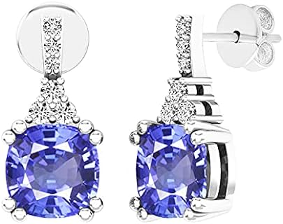 Dazzlingrock Collection 6 MM Each Cushion Gemstone & Round White Diamond Ladies Halo Drop Earrings, Sterling Silver