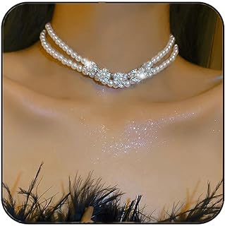 Vintage Cable Clasp Pearl & Rhinestone Choker Necklace for Women, Layered Flower Design - JEAIRTS Prom & Party Jewelry