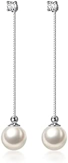 Reffeer Solid 925 Sterling Silver Pearl Earrings Drop for Women Teen Girls Pearl Dangle Earrings CZ Studs Wedding Bridal Dangle Earrings