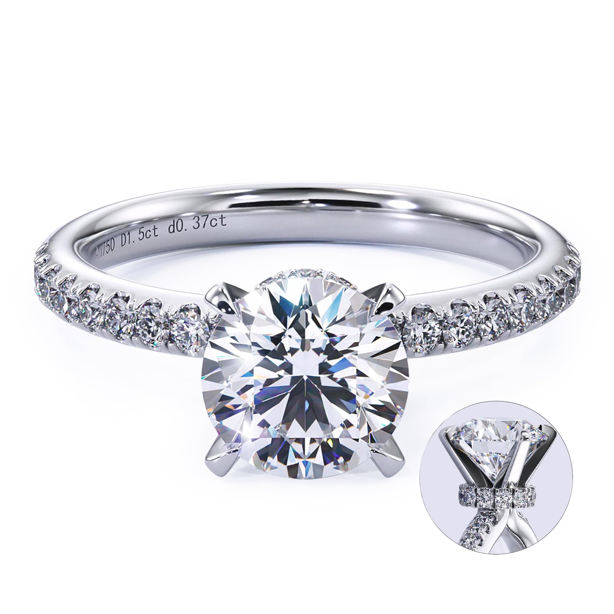 Blueeve 1.5ct Round Moissanite Engagement Ring in 18K White Gold Vermeil, Sterling Silver Secret Halo Design for Women, Brilliant Gemstone Wedding Gift