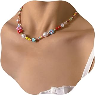 Xerling Multi-colored Seed Beads Flower Faux Pearl Necklace Bohemian Colorful Beaded Chain Choker for Women Girls Summer Beach Party Necklace