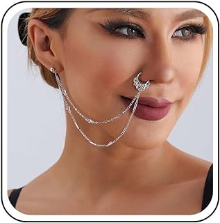 Stainless Steel Punk Fake Nose Ring and Ear Chain with Vintage Sequins - Boho Non-Piercing Jewelry for Women and Girls - Unique Minimalist Design