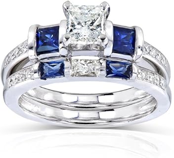 Kobelli Princess Cut Blue Sapphire and Diamond White Gold Bridal Ring Set for Women, Dual-Band Design
