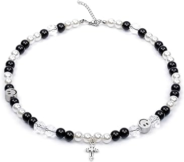 Smiley Face Gothic Cross Pendant Pearl Necklaces Y2k Black Beads Pearls Chain Choker Necklace for Women Men Girls Boys Jewelry Gifts