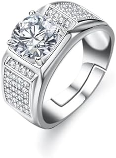 2 Carat Round Cut Moissanite Wedding Ring Sets with 18K White Gold Plating for Men, Adjustable Square Design Sterling Silver Promise Ring