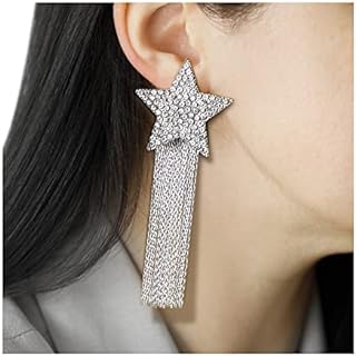 Silver Star Drop Earrings with Push Back for Women/Girls - SmileBelle Sparkly Rhinestone Dangle Earrings for Concert, Prom, Party Outfits
