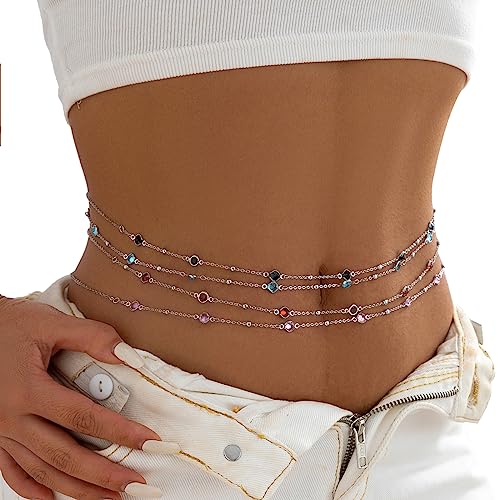 Boho Sexy Rhinestone Waist Chain for Women Summer Beach Crystal Beads Belly Body Chain Simple Bikini Rhinestone Festival Belts Rave Accessories Body Jewelry