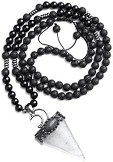 Jovivi 6mm Natural Amethyst Rose Quartz Crystal Pendulum Necklace Lava Rock Labradorite Healing Chakra Triangle Pendulum Crystal w/Moon 25inches Adjustable