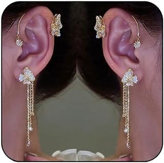 Butterfly Ear Cuffs Earrings Rhinestone Butterfly Flower Ear Wrap No Piercing Tassel Earrings for Women Girls (Gold)