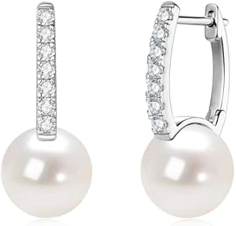 DENGGUANG Freshwater Pearl and Moissanite Encrusted Sterling Silver Hoop Earrings, White Gold Finish Elegant Jewelry for Women
