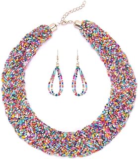 Vintage Statement Multilayer Seed Bead Chain Choker Collar Necklace Earrings Set Resin Beads Bib Handmade for Girls and Women