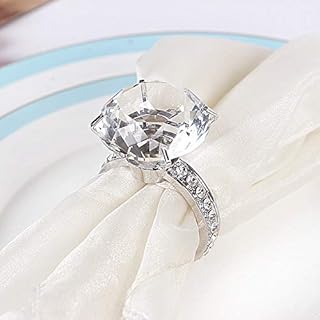 Silver Crystal Wedding Rings by LABJULY - Silver Metal Napkin Rings with Diamond Gem for Home Decor - Set of 8 Rhinestone Embellished Rings in Napkin Style for Celebratory Dinners