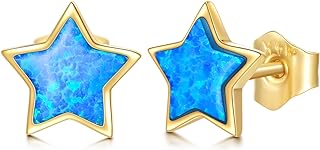 14K Yellow Gold Push Back Christmas Stud Earrings Embellished with Blue Opal for Women - Star Design Perfect for Her Birthday or Christmas Gift