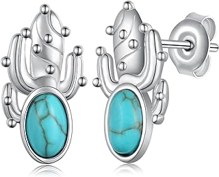 Push-Back Turquoise 925 Sterling Silver Cactus Earrings Studs for Women and Girls with Western Boot Design