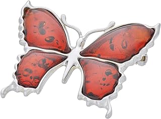 Women’s Silver Brooch Large Butterfly with Amber, Polished Sterling Silver, Cognac Baltic Amber, Gift Set