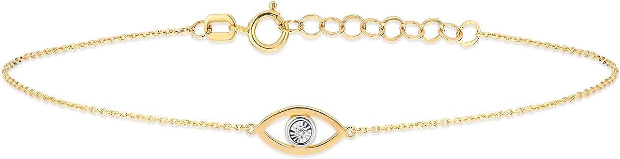 GELIN 14K Solid Gold Evil Eye Bangle Bracelet with Cable Chain and Spring Ring Clasp for Women - Yellow Gold Gem Design