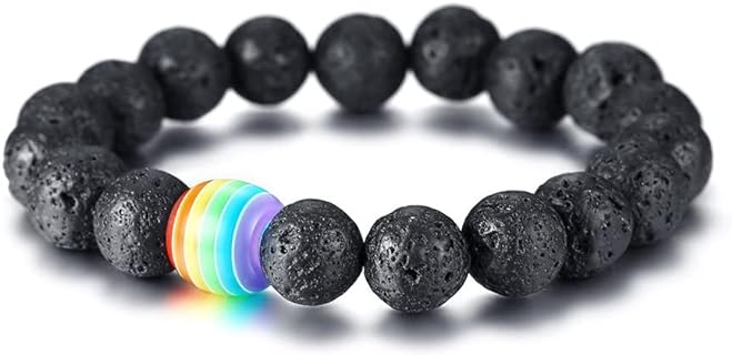 Magnetic Clasp LGBT Pride Bead Bracelet with Braided Chain - Lava Rock/Volcano Stone Bead - For Men & Women - Black Rainbow Design