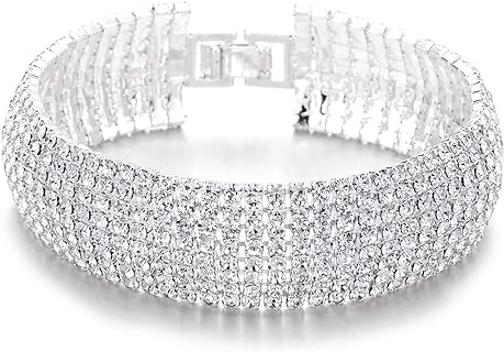 Luxurious COOLSTEELANDBEYOND Sparkling Crystal Rhinestone Bangle Bracelet for Women with Fold Over Clasp and Box Chain Design