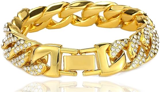 Unisex Hip Hop 18K Gold Plated Large Cuban Link Chain Bracelet with Buckle Clasp, Crystal Accents, 9" Wrist Length