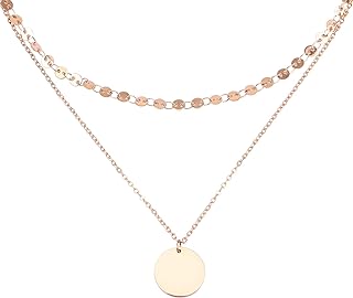 Lobster-claw Clasp Rose Gold Disc Layering Necklace with Coin Chain for Women - Round Design No Gemstone Stainless Steel Choker Necklace Set