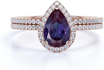 14K Rose Gold Plated Sterling Silver Pear Shaped Created Sapphire Halo Engagement Ring Set Wedding Ring Set 9