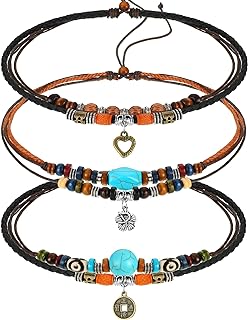 3 Pcs Western Layered Boho Wood Beads Choker Necklace Adjustable Vintage Leather Necklace Bead Choker Boho Jewelry for Women