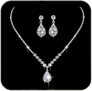 JAKAWIN Bride Silver Bridal Necklace Set Crystal Wedding Jewelry Set Rhinestone Necklace Clip On Earrings for Women and Girls (Set of 3)