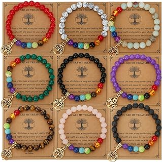 Rope Chain Yoga Beads Bracelet - 9PCS Zinc Stretch Bracelets with Tree of Life & Semi Precious Gemstone - Healing Stone Jewelry for Women & Stress Relief