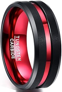 NUNCAD 8mm Men's Tungsten Rings Black Red/Blue/Rose Gold Grooved Center Matte Finish Wedding Band Polished Beveled Edges Size 4 to 16