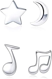 925 Sterling Silver Moon and Star Stud Earrings Music Note Ear Studs(2 Pairs)