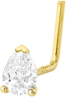 Jewelry Avalanche Pear Shape Moissanite 14K Gold L-shape Nose Stud 22G L-bend Nose Ring Stud V-prong set Teardrop Gemstone Unisex Stud