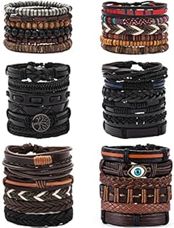 36Pcs Multilayered Handmade Obsidian-Adorned Braided Leather Bracelet Set for Men and Women with Adjustable Black and Brown Tribal Wristbands