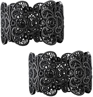 2 Pieces Black Bracelet for Women Gothic Bracelet Vintage Filigree Jewelry Ladies Cuff Bracelets Bohemian Lace Bracelet Lace Cuff Bangle Bracelet Wide Stretch Rhinestone Bracelets Statement Bracelet